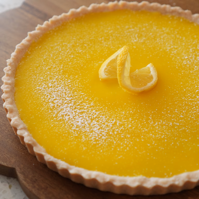 silky vegan lemon tart with bright yellow lemon curd and a crisp tart crust