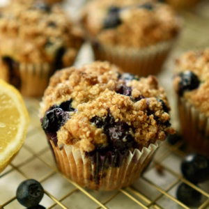 Vegan lemon blueberry muffins with raw sugar and streusel topping